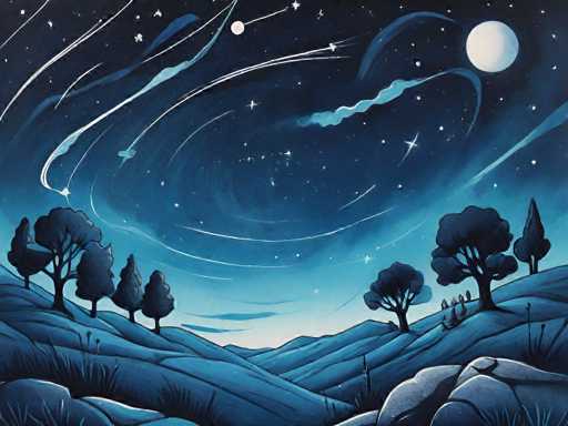 This image is a detailed, computer-generated painting depicting a serene nighttime landscape. The scene features rolling hills and valleys in shades of blue, with a variety of trees scattered across the terrain. On the left side, there are five trees, while the right side has three trees, including a prominent pine tree. The foreground is dotted with large boulders and patches of grass, adding texture to the scene. The sky is a deep, dark blue, adorned with numerous stars and shooting stars, creating a magical atmosphere. A full moon is positioned in the upper right corner, casting a soft glow over the landscape. The overall composition is tranquil and captivating, with the interplay of light and shadow enhancing the ethereal quality of the night.