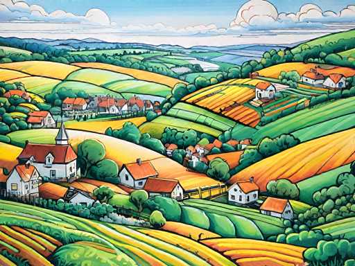 This vibrant, cartoon-style painting depicts a picturesque countryside scene, reminiscent of the English countryside. The foreground features gently rolling hills adorned with a patchwork of fields in various shades of green, yellow, and orange, suggesting different crops. Scattered across these hills are numerous white houses with red roofs, some of which have chimneys, and a few with orange roofs. A notable building with a steeple, possibly a church, stands out among the houses. The midground reveals more fields and clusters of houses, while the background showcases a serene blue sky dotted with fluffy white clouds and distant mountains. The entire scene is bathed in bright, warm sunlight, enhancing the idyllic and peaceful atmosphere.
