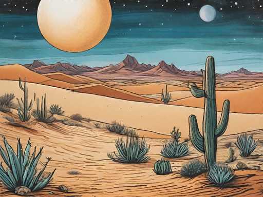 This detailed illustration depicts a serene desert landscape under a starry night sky. The foreground features a prominent cactus on the right side, with its green body and multiple arms extending outward. Surrounding the cactus are various desert plants, including aloe vera and other spiky vegetation, adding texture to the sandy terrain. The sand itself is a light brown, almost tan color, with subtle ripples and waves indicating the presence of wind. In the background, a range of brown mountains stretches across the horizon, with a particularly tall peak in the center. Above the mountains, the sky transitions from a light blue near the horizon to a darker blue, eventually fading into black at the top. The night sky is adorned with numerous white stars, and two large celestial bodies dominate the scene: a bright yellow moon on the left and a smaller, grayish-white moon on the right. The overall composition captures the tranquil beauty and vastness of the desert under a starry night.