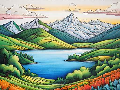 A vibrant, stylized landscape painting in the style of a folk art illustration. The scene depicts a serene valley with rolling green hills, a calm blue lake reflecting the sky, and snow-capped mountains in the distance. The foreground features colorful flowers in shades of red, orange, and blue, with stylized trees lining the banks of the lake. The sky is a blend of warm oranges and yellows near the horizon, transitioning to pale blue above. The overall style is illustrative and slightly whimsical, with bold lines and a focus on color and texture rather than realistic detail.