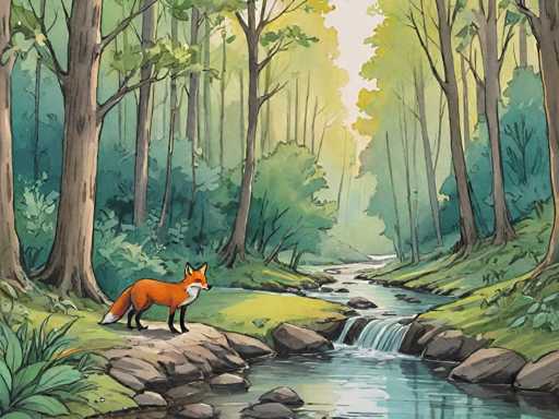 The image depicts a red fox standing on a rock near a river with trees and foliage in the background. The fox is facing away from the viewer, giving an impression of solitude or contemplation.