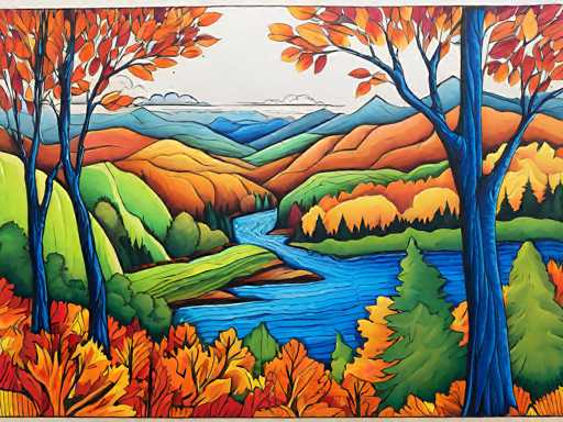 This vibrant, cartoonish painting depicts a serene autumn landscape. Dominating the foreground are tall trees with blue trunks and branches, adorned with leaves in shades of orange, yellow, and red. The ground is carpeted with fallen leaves in similar autumnal hues. A winding river, rendered in bright blue, meanders through the scene, flanked by lush green grass and more trees. In the background, a series of rolling hills transition from green to orange, yellow, and blue, leading up to majestic mountains. The sky above is a light gray, dotted with clouds, adding to the tranquil atmosphere. The overall composition is rich in color, with a harmonious blend of blues, greens, oranges, yellows, and reds, creating a vivid and detailed portrayal of a peaceful autumn day.