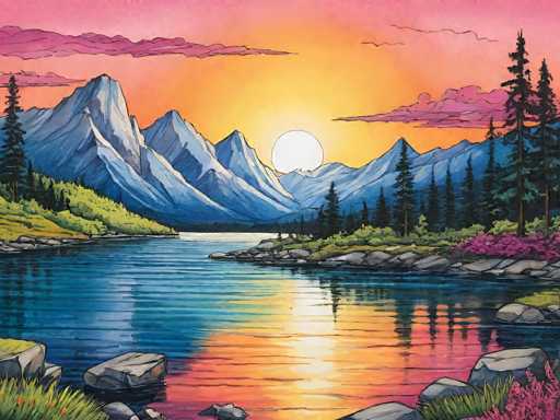 This detailed painting captures a serene mountain landscape at sunset. The sky is a vibrant blend of pink, orange, and yellow hues, with the sun setting behind a range of blue mountains. The mountains are adorned with green pine trees, and the left side features a prominent mountain with a large tree in front of it. Below the mountains lies a tranquil lake, reflecting the colorful sky and the silhouettes of the trees. The lake's surface is dotted with rocks, particularly noticeable in the bottom left and right corners of the painting. The shoreline is lush with green grass and pink flowers, adding a touch of natural beauty to the scene. The overall composition is rich in detail, with the interplay of light and reflection creating a harmonious and peaceful atmosphere.