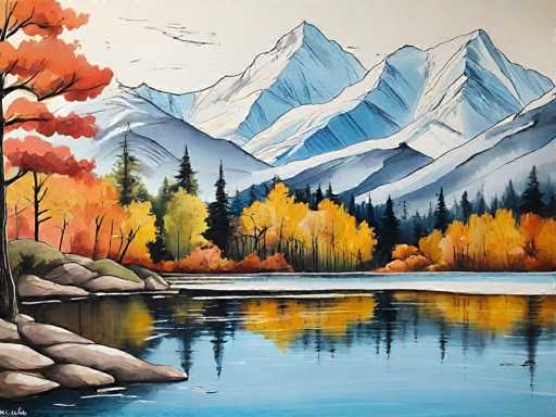 This detailed painting captures a serene autumn landscape with a prominent mountain range in the background. The mountains, depicted in shades of blue and gray, are capped with snow, creating a striking contrast against the white sky. In the foreground, a tranquil lake mirrors the vibrant fall foliage of the surrounding trees, which display a rich palette of oranges, yellows, and greens. The lake's surface is mostly still, with only slight ripples disturbing its reflective quality. To the left, a rocky shoreline is adorned with trees showcasing their autumn colors, while the right side features a dense forest of tall, dark green pine trees. The overall scene is bathed in the soft light of a cloudy day, enhancing the peaceful and picturesque nature of the landscape.