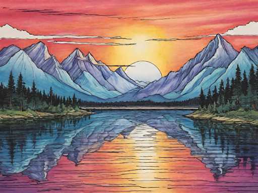 This image is a detailed watercolor painting of a serene mountain landscape. The scene features a tranquil lake in the foreground, reflecting the surrounding mountains and the sky above. The mountains, depicted in shades of blue and purple, rise majestically on either side of the lake, with their peaks capped in white snow. The sky is a vibrant mix of red, orange, and yellow hues, suggesting either a sunrise or sunset. The sun itself is partially visible, peeking out from behind the mountains, casting a warm glow over the entire scene. The lake's surface is mostly still, with only slight ripples disturbing its mirror-like reflection of the mountains and sky. On the left and right banks of the lake, there are clusters of tall pine trees, adding to the natural beauty of the landscape. The overall composition captures the peaceful and awe-inspiring essence of a mountainous wilderness at the break of dawn or the close of day.