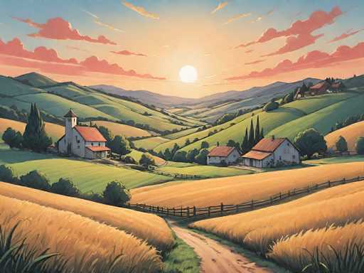 A serene, wide-angle view of a peaceful countryside scene at sunset. The foreground is dominated by golden wheat fields, gently rolling hills, and a dirt path leading towards the center. In the middle ground, a quaint white farmhouse with a red roof and a small church steeple sits nestled among lush green fields. A wooden fence encloses the property, and several trees dot the landscape. The sky is a vibrant blend of warm colors – oranges, pinks, and soft yellows – with fluffy clouds adding texture. The sun is setting on the horizon, casting a warm glow over the entire scene. The overall atmosphere is one of tranquility and peace, evoking a sense of rural charm and idyllic beauty.