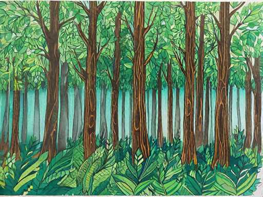 This image is a detailed painting of a forest scene, likely created using watercolor or colored pencils. The forest is depicted with numerous tall trees, each with brown trunks and branches that extend upwards, adorned with green leaves. The trees vary in height, with some towering over others, creating a layered effect. The background features a light blue sky, adding a serene atmosphere to the scene. At the base of the trees, there is a variety of green foliage, including ferns and other plants, contributing to the lush undergrowth. The painting is characterized by its vibrant green leaves and the intricate details of the tree trunks, with some branches appearing to have vines or moss growing on them. The overall composition is rich in natural elements, capturing the essence of a tranquil forest landscape.