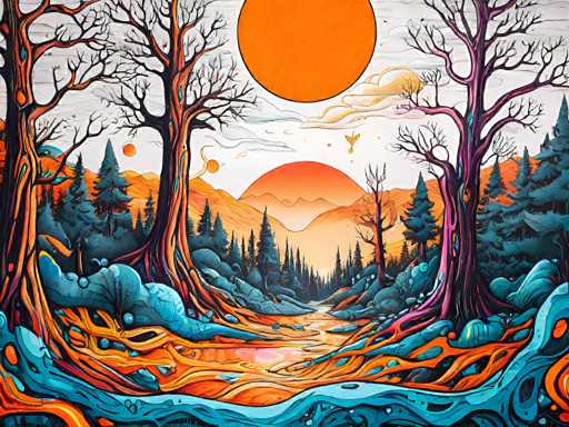 This vibrant, abstract painting depicts a surreal forest scene with a striking blend of colors and shapes. The foreground features a ground that appears to be made of swirling, molten lava in hues of orange and red, interspersed with blue and green elements that resemble water or ice. The trees, devoid of leaves, are a mix of brown and purple, with some branches appearing to be on fire. The forest is dense, with tall pine trees on either side, creating a sense of depth and enclosure. In the background, a large, orange sun dominates the sky, casting a warm glow over the scene. Below it, a smaller, yellow sun adds to the dreamlike quality of the landscape. The sky itself is a blend of white and gray, with wispy clouds that seem to be melting into the scene. The overall effect is a mesmerizing, otherworldly forest that feels both alive and alien.