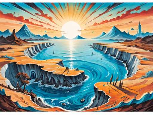 This vibrant, surreal landscape depicts a vast, otherworldly canyon with a turquoise river flowing towards a setting sun. The scene is dominated by towering, jagged rock formations in warm oranges and browns, contrasting with the deep blue water. A lone figure stands on a cliff overlooking the canyon, while distant structures hint at an alien civilization. The art style is painterly and dreamlike, emphasizing dramatic lighting and a sense of vastness.