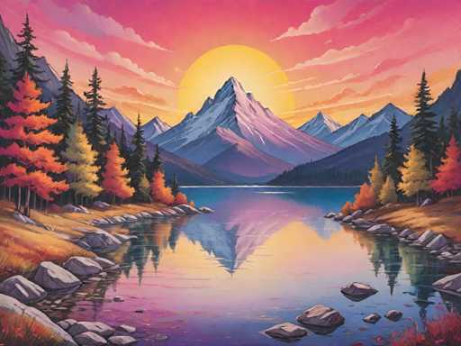 The image depicts a serene mountain landscape with a large sun setting behind the mountains and casting a warm glow over the scene. The sky is painted in shades of pink and orange, creating a beautiful backdrop for the mountains. The foreground features a calm lake surrounded by trees on both sides, adding depth to the composition. The artist's style is characterized by vibrant colors and attention to detail, with the use of light and shadow enhancing the overall visual appeal of the scene.