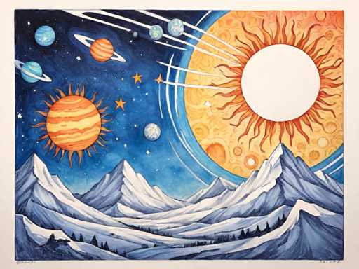 This watercolor painting depicts a fantastical, cosmic landscape. The main elements are a vibrant, orange-yellow sun with swirling solar flares and several planets in the sky. The foreground features snow-capped mountains under a deep blue, starry sky with a crescent moon and distant planets. The art style is illustrative and dreamlike, emphasizing a sense of wonder and otherworldly beauty with soft washes of color.