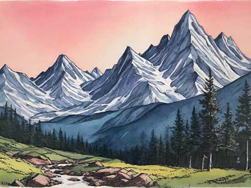 A vibrant watercolor painting of a majestic mountain range under a warm, pink sky. The mountains are rendered in cool blues and grays, with snow-capped peaks catching the light. A small stream winds through a green valley in the foreground, dotted with dark evergreen trees and patches of vibrant green grass. The overall style is impressionistic, emphasizing the play of light and shadow on the rugged landscape.