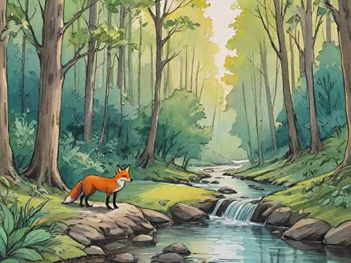 This detailed illustration depicts a serene forest scene with a small stream meandering through the center. The stream, adorned with rocks, features a tiny waterfall about a third of the way up the image. On the left side of the stream, a vibrant orange fox with a white-tipped tail stands on a rock, its ears perked up and its gaze directed to the right. The fox's chest and neck are also white, contrasting with its rich orange fur. Surrounding the stream, lush green grass and various plants thrive, while tall trees with brown trunks and green leaves frame the scene on both sides. The background is filled with more trees, creating a dense forest atmosphere. A sliver of sky is visible through the canopy, adding a touch of brightness to the tranquil setting.
