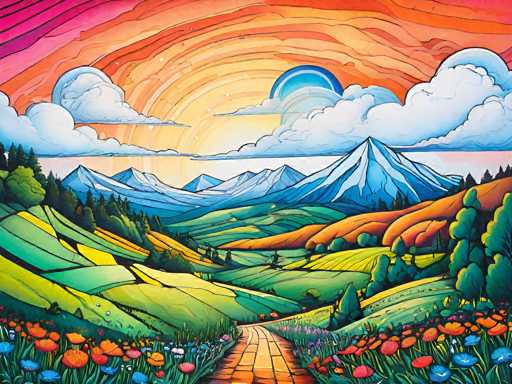 This vibrant, stylized landscape features a winding, orange path leading through rolling green hills dotted with colorful flowers. Majestic blue mountains rise in the distance under a warm, swirling sky with orange and purple hues. The artwork employs a bold, illustrative style with thick lines and flat color blocks, creating a dreamlike, slightly surreal atmosphere.