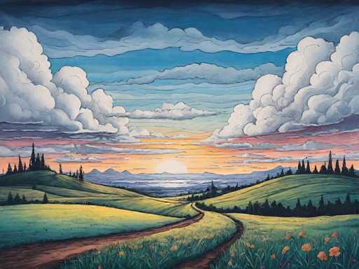 This detailed painting captures a serene landscape at either sunrise or sunset. The sky is a mesmerizing gradient, transitioning from a deep blue at the top to lighter shades of blue, and finally to a warm orange near the horizon. The sun, positioned centrally, casts a radiant glow that illuminates the scene. Fluffy white clouds are scattered across the sky, adding texture and depth.

In the foreground, a winding dirt path meanders through lush green grass, leading the viewer's eye into the distance. The path is flanked by vibrant orange flowers, adding a splash of color to the verdant landscape. Rolling hills and mountains frame the scene, with dense clusters of trees dotting the terrain. On the left side, a group of tall trees stands prominently, while on the right, a smaller cluster of trees is interspersed with patches of grass.

The overall composition exudes tranquility and natural beauty, inviting the viewer to lose themselves in the peaceful countryside.