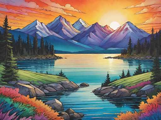 A vibrant, stylized painting of a serene mountain lake at sunset. The scene is dominated by towering mountains with snow-capped peaks, reflected in the calm, turquoise water. The sky is a dramatic blend of warm oranges and pinks, with soft clouds adding depth. Lush green hillsides frame the lake, dotted with evergreen trees and colorful wildflowers in shades of purple, red, and orange. The overall style is reminiscent of a digital painting with bold colors and a slightly painterly texture, emphasizing the peaceful and picturesque nature of the landscape.