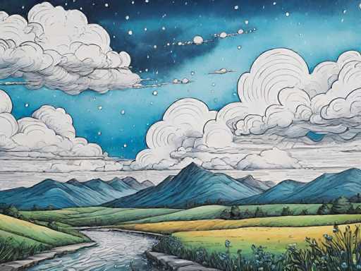 This detailed illustration depicts a serene landscape under a starry night sky. The sky transitions from a deep blue at the top to a lighter blue near the horizon, dotted with numerous white stars. Fluffy white clouds, outlined in black, float across the sky, adding depth to the scene. Below the sky, a range of blue mountains stretches across the horizon, with a few trees scattered in the foreground. The landscape features rolling green hills and a winding river that begins at the bottom left corner, meandering towards the center of the image. The river is bordered by gray stone walls on both sides. On the right side of the river, a field of yellow flowers with tall green stems and blue petals adds a splash of color. The entire scene is rendered in a cartoonish style, with a mix of black and white outlines, giving it a whimsical yet detailed appearance.
