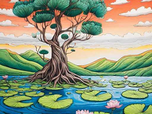 This vibrant, cartoonish painting depicts a serene pond scene with a large, gnarled tree at its center. The tree's roots extend into the water, creating a striking focal point. Surrounding the tree are numerous green lily pads, some adorned with delicate pink flowers. The pond's water is a deep blue, contrasting beautifully with the lush greenery. In the background, rolling green hills rise up, adding depth to the landscape. The sky above is a warm orange hue, dotted with fluffy white clouds, suggesting either a sunrise or sunset. The overall composition is rich in detail and color, creating a tranquil and picturesque setting.