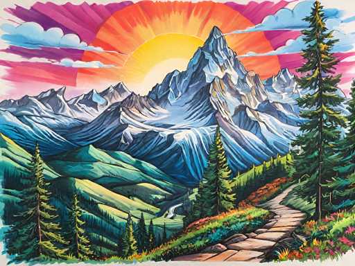 A vibrant, colorful painting of a majestic mountain range at sunrise. The mountains are depicted with sharp peaks and snow-capped summits, rendered in shades of blue, white, and grey. Lush green valleys stretch out below, dotted with trees and a winding river. The sky is ablaze with warm hues of orange, pink, and purple, with soft clouds adding a touch of serenity. A winding path leads towards the mountains, inviting the viewer into this breathtaking landscape. The overall style is reminiscent of a colorful illustration or a stylized painting, emphasizing the beauty and grandeur of nature.