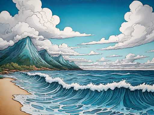 A vibrant, detailed painting of a coastal landscape. The foreground features a sandy beach with gentle waves crashing onto the shore, rendered in shades of turquoise and white. In the background, towering, verdant mountains rise dramatically, their peaks partially obscured by fluffy, white clouds. The sky is a clear, bright blue with scattered cumulus clouds, creating a sense of depth and atmosphere. The overall style is illustrative, with bold lines and a focus on texture to capture the movement of the water and the ruggedness of the mountains.