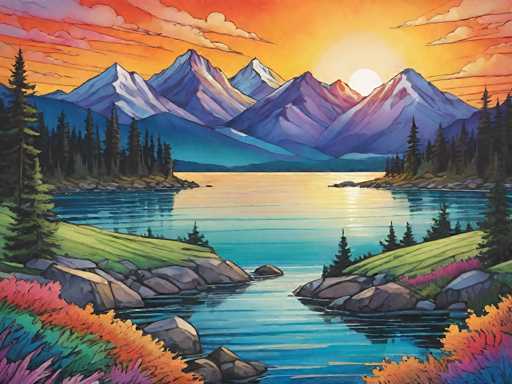 This vibrant, cartoon-style painting captures a serene mountain landscape at sunset. The sky is a brilliant orange, with the sun peeking out from behind the snow-capped peaks of the mountains. The mountains themselves are depicted in shades of blue and purple, with the snow adding a crisp white contrast. Below the mountains lies a tranquil lake, its surface reflecting the warm hues of the sunset. The lake is bordered by lush green grass and dotted with colorful flowers in shades of pink, orange, and blue. Pine trees frame the scene on both the left and right sides, adding to the natural beauty. The overall composition is bright and clear, with no text or numbers present, allowing the viewer to fully immerse in the picturesque scenery.