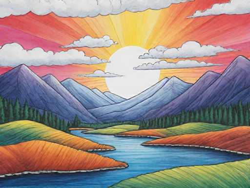 A vibrant, stylized landscape painting with a warm, dreamlike quality. The scene depicts rolling hills and mountains bathed in the golden light of a setting sun, with a serene river winding through the valley. The artwork features bold, textured brushstrokes and a limited color palette of warm oranges, blues, greens, and purples. The overall style is reminiscent of a folk art or illustrative piece, with an emphasis on creating a sense of depth and atmosphere.