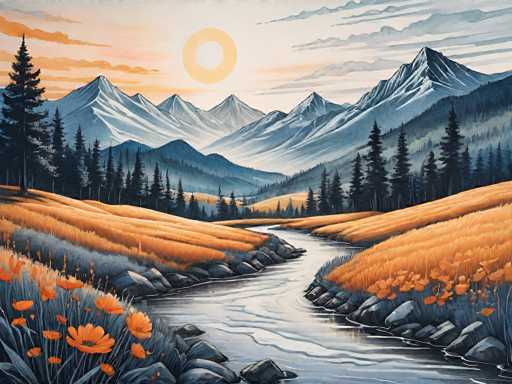 This image is a detailed painting of a serene natural landscape. In the foreground, a shallow, winding river flows through the scene, flanked by gray rocks and vibrant orange flowers. The riverbanks are adorned with tall grasses and clusters of orange flowers, adding a splash of color to the scene. On either side of the river, the terrain slopes gently upwards, covered in lush green grass.

Tall pine trees line the riverbanks, creating a dense forest that stretches into the distance. Beyond the trees, majestic snow-capped mountains rise up, their peaks capped with pristine white snow. The sky above is a mix of blue and gray, with wispy clouds scattered across it. A striking feature of the sky is a large, glowing yellow ring, reminiscent of a halo or a celestial phenomenon, which casts a warm light over the entire landscape.

The overall composition of the painting is tranquil and picturesque, capturing the beauty of nature in a harmonious blend of colors and elements.