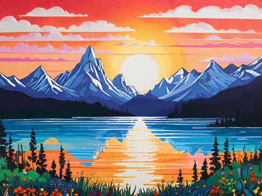 A vibrant, stylized painting of a mountain landscape at sunset. The scene is dominated by towering, snow-capped mountains in shades of deep blue and purple, with sharp peaks. A calm lake reflects the warm hues of the setting sun – a bright orange orb partially obscured by clouds. The sky is a blend of fiery oranges, pinks, and soft yellows, with stylized clouds adding texture. In the foreground, colorful wildflowers in shades of orange, red, and purple are depicted with a slightly whimsical style. The overall impression is one of tranquility and vibrant natural beauty, rendered in bold, graphic lines.