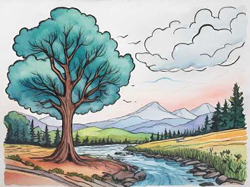 A watercolor-style illustration of a serene landscape featuring a large, stylized tree with a teal-blue canopy and brown trunk. The tree stands on a rocky bank beside a flowing river, with gentle ripples visible in the water. In the background, rolling hills and distant mountains are depicted in soft shades of blue and purple, with a light pink sky above. A few birds are shown flying in the sky. The overall style is loose and impressionistic, with visible brushstrokes and a slightly dreamy quality.