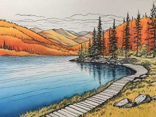This detailed illustration depicts a serene lakeside scene with a wooden boardwalk that winds along the right side of the image, curving towards the center. The boardwalk is bordered by a grassy area interspersed with rocks, leading to a small rocky outcrop adorned with pine trees. The lake, positioned on the left side, features a gradient of blue hues, transitioning from light to dark, and is dotted with ripples. Surrounding the lake are rolling hills and mountains, painted in vibrant autumnal shades of orange, yellow, and brown, with some areas appearing as simple black outlines. The sky above is a muted gray, with squiggly lines suggesting clouds. The entire scene is rendered in a cartoonish style, with a palette dominated by blues, grays, greens, and warm autumn tones, creating a tranquil and picturesque landscape.