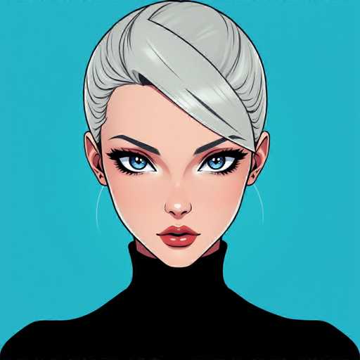 This image features a striking cartoon-style illustration of a woman set against a vibrant turquoise background. The woman has a fair complexion and is depicted from the shoulders up. She is wearing a black turtleneck that accentuates her elegant neck. Her hair is a blend of gray and white, styled in a sophisticated updo with a side-swept bang that gracefully falls over her forehead. Her eyes are a captivating blue, framed by long, black eyelashes and thin, dark eyebrows. She has full lips painted in a bold red, adding a touch of vibrancy to her face. The woman's ears are adorned with small, delicate earrings, completing her poised and stylish appearance.