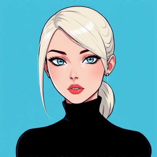 This image features a detailed, cartoon-style drawing of a young woman with striking blue eyes and long blonde hair. She is wearing a black turtleneck sweater, and her expression is one of subtle surprise, with her mouth slightly open, revealing her top teeth. Her eyebrows are dark, contrasting with her fair complexion. The woman's hair is styled in a ponytail, with a few strands gracefully framing her face. She is adorned with small stud earrings in both ears. The background is a solid blue, which accentuates her features and attire. The overall composition is simple yet captivating, focusing solely on the woman's head and shoulders.
