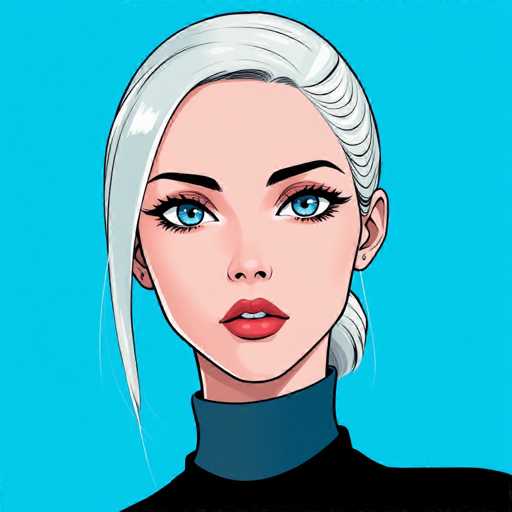 This image features a detailed, cartoon-style drawing of a young woman with striking blue eyes and white hair. Her hair is styled in a ponytail, with a section swept over to the left side of her face. She has a fair complexion and is wearing a black turtleneck sweater. Her lips are painted a vivid red, and she has a small nose. The woman is gazing directly at the viewer, with her head slightly tilted to the left. The background is a solid blue, providing a stark contrast to her figure. The drawing is rendered in a flat, two-dimensional style, with no shading or depth, emphasizing the simplicity and boldness of the illustration.