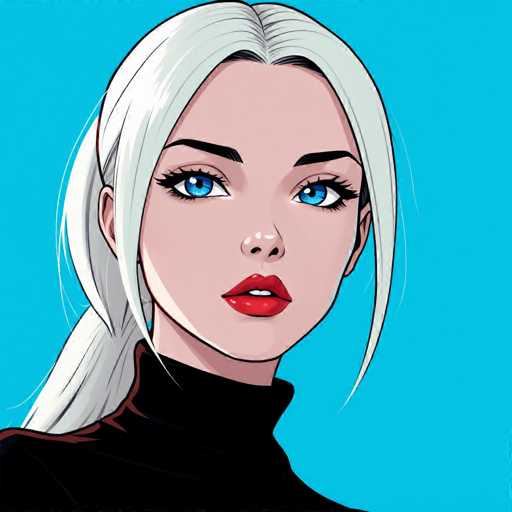 This image features a detailed cartoon drawing of a young woman with striking features. She has long, white hair that is tied back in a ponytail, with two strands framing her face. Her expressive blue eyes are accentuated by long eyelashes and well-defined eyebrows. Her lips are painted a vibrant red, and her mouth is slightly open, revealing her top teeth. She is dressed in a black turtleneck sweater, which contrasts sharply with the bright blue background. The woman is looking directly at the viewer, creating a sense of engagement. The drawing style is reminiscent of anime, with bold lines and vivid colors. The image is square-shaped, focusing entirely on the woman's head and shoulders, with no additional text or elements present.