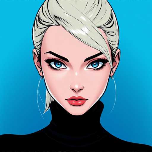 The image shows a close-up portrait of a woman with blonde hair and blue eyes wearing a black turtleneck sweater against a blue background.