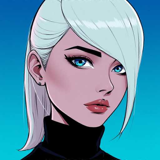 This image features a striking cartoon-style drawing of a woman with a distinctly anime-inspired aesthetic. The background is a gradient of blue, transitioning from a darker shade at the top to a lighter hue at the bottom. The woman has pale skin and is adorned with a black turtleneck that covers her neck and shoulders.

Her hair is a light grayish-blue color, styled in a way that it flows down her back while the front part swoops over her right eye, partially obscuring it. The hair is meticulously detailed with black lines, adding texture and depth to the illustration. Her right ear is visible, and she wears a small stud earring.

Her facial features are accentuated with black eyebrows and long, black eyelashes that frame her large, expressive blue eyes. Her lips are a vibrant red, adding a pop of color to her otherwise cool-toned palette. The overall composition of the image is square, focusing attention on the woman's face and upper body against the serene blue background.