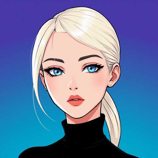 The image depicts a woman with blonde hair styled in a ponytail and wearing a black turtleneck sweater against a blue background.