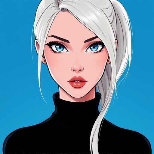The image shows a close-up portrait of a woman with blonde hair and blue eyes wearing a black turtleneck sweater against a blue background.