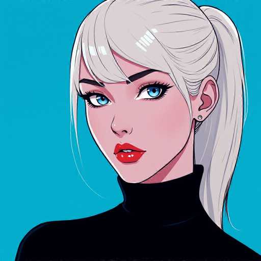 A digital illustration of a woman with striking blue eyes and platinum blonde hair, wearing a black turtleneck. She has a confident, slightly seductive expression, with her lips painted a bold red. The background is a vibrant turquoise color. The overall style is reminiscent of modern anime or comic book art, with clean lines and a focus on detailed facial features.