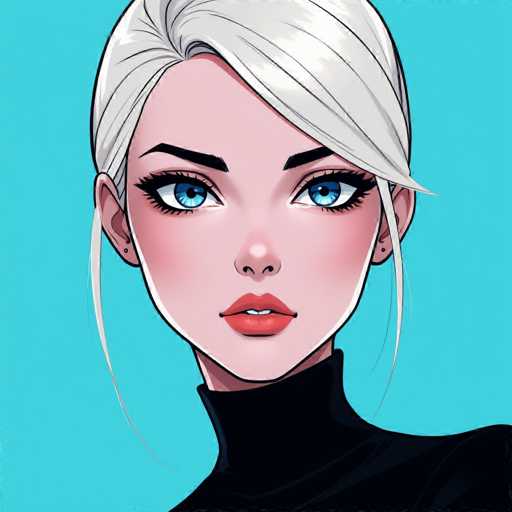 This image features a detailed cartoon drawing of a young woman with striking blue eyes and white hair. Her hair is styled in a sleek bun, with two delicate strands framing her face. She has a fair complexion, accentuated by a subtle blush on her cheeks. Her lips are painted a vibrant red, and she wears a black turtleneck that contrasts with the light blue background. The woman's expression is neutral, with her gaze directed straight ahead. Her eyebrows are black, and her eyelashes are long and black, adding to her captivating appearance. The overall style of the drawing is reminiscent of anime, with clean lines and expressive features.