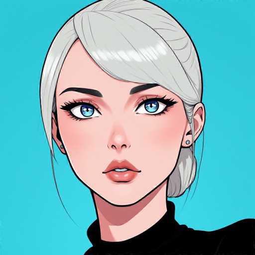 This image features a detailed, computer-generated illustration of a young woman, likely in her late teens or early twenties. She has striking blue eyes and is adorned with small stud earrings. Her hair is a blend of gray and white, styled in a way that it appears to be pulled back, possibly into a ponytail, though the exact style is not entirely clear. She is dressed in a black turtleneck sweater, and the background of the image is a vibrant turquoise blue. The woman's expression is neutral, with her mouth slightly open, revealing her teeth. The overall composition of the image is square, focusing closely on her face and upper body.