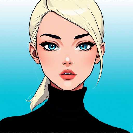 The image depicts a woman with blonde hair and blue eyes wearing a black turtleneck sweater against a light blue background. The woman is looking directly at the camera with an expression of concentration or thoughtfulness.