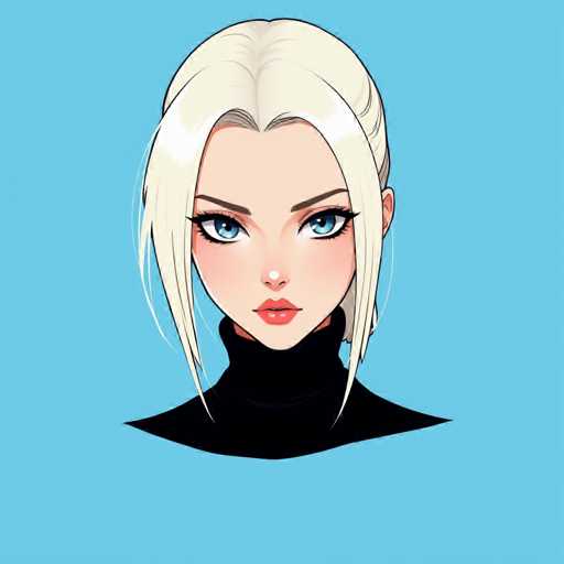 This image features a detailed, computer-generated drawing of a young woman, likely in her late teens or early twenties. She has striking, large blue eyes accentuated by long eyelashes and thin, dark eyebrows. Her lips are a vivid red, and her complexion is fair with a slight blush on her cheeks. Her blonde hair is styled in a ponytail, with two strands framing her face and the rest pulled back. She is wearing a black turtleneck, and the drawing captures her from the shoulders up. The background is a solid light blue, providing a stark contrast to her features. The overall style of the drawing is reminiscent of anime, characterized by its vibrant colors and expressive details.