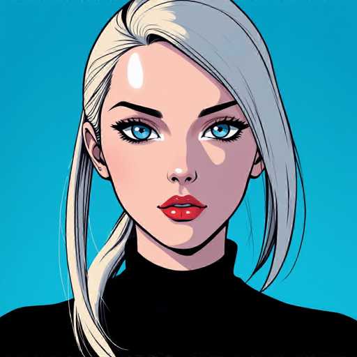 The image depicts a woman with blonde hair wearing a black top and red lipstick. The background is a solid blue color that contrasts with the white face of the woman.