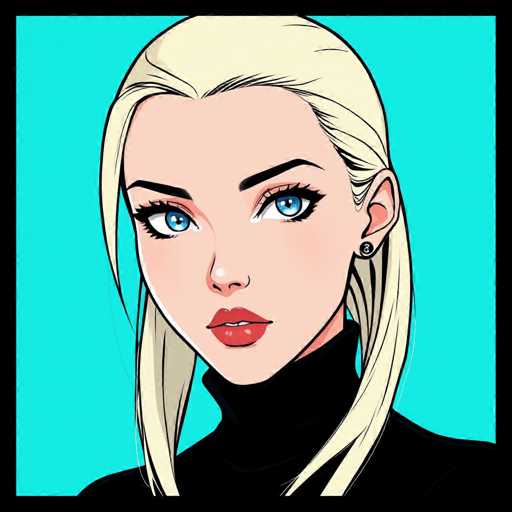 The image features a detailed cartoon drawing of a young woman with a distinct anime-inspired style. She has long, straight blonde hair that is pulled back into a ponytail, with two strands framing her face. Her expressive blue eyes are accentuated by long black eyelashes and thin black eyebrows. She has full, red lips and a small, button-like nose. The woman is wearing a black turtleneck sweater, and her left ear is adorned with a black circular earring featuring the number three. The background is a solid turquoise blue, and the entire image is framed by a black border. The woman is looking directly at the viewer, creating a sense of engagement.