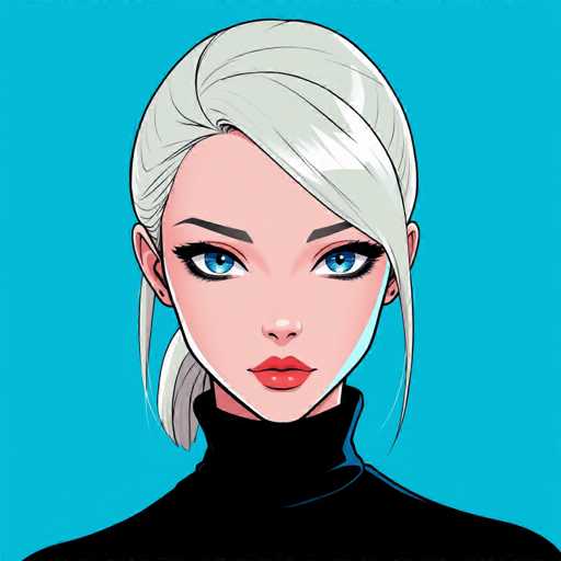 This image features a detailed, computer-generated drawing of a young woman with a striking anime-inspired style. She has large, expressive blue eyes framed by thick black eyelashes and thin, dark eyebrows. Her lips are a vivid red, adding a pop of color to her face. Her skin is a light pinkish hue, and her ears are small and slightly protruding. Her hair is a silvery blonde, pulled back into a ponytail with two strands framing her face. She is wearing a black turtleneck that covers her neck and the top of her chest, blending seamlessly with her shoulders. The background is a solid turquoise blue, providing a stark contrast to her figure. The overall composition is square, with the woman's head centered and her shoulders extending to the bottom corners of the image. The drawing style is reminiscent of a comic book or graphic novel, emphasizing bold lines and vibrant colors.