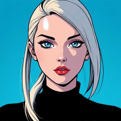 This image features a detailed cartoon drawing of a young woman, likely in her late teens or early twenties. She has striking blue eyes and is wearing vibrant red lipstick. Her hair is a blend of blonde and gray, styled in a ponytail that drapes over her right shoulder. The woman is dressed in a black turtleneck sweater, and the background is a solid blue color. The drawing captures her from the shoulders up, with her head positioned centrally in the frame. Her expression is neutral, and she is not smiling. The overall style of the artwork is reminiscent of a comic book or graphic novel.