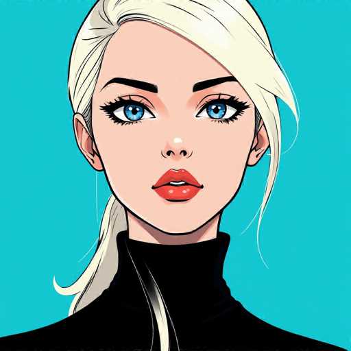 This image features a detailed, cartoon-style drawing of a young woman with striking blue eyes and long blonde hair. She is depicted wearing a black turtleneck sweater, and her lips are painted a vibrant red. The woman's face is framed by dark eyebrows, and her expression is neutral, with her mouth slightly open, revealing her top teeth. A single strand of blonde hair falls over her left shoulder, while the rest of her hair is pulled back into a ponytail. The background is a solid blue, providing a stark contrast to her attire and features. The overall style of the drawing is reminiscent of anime, characterized by its bold lines and expressive details.