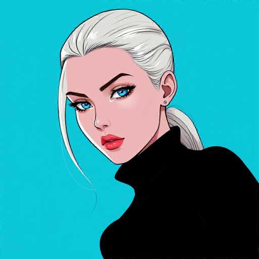 The image depicts a cartoon-style drawing of a woman with distinct features. She has striking blue eyes and red lips, and her hair is a blend of white and gray, pulled back into a ponytail. A single strand of hair falls gracefully over her face. The woman is dressed in a black turtleneck sweater, and her ears are adorned with earrings. The background is a solid blue, providing a stark contrast to her attire and features. The overall composition is simple yet captivating, focusing solely on the woman's face and upper body.