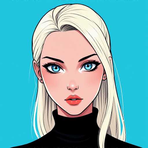 The image shows a close-up portrait of a woman with blonde hair and blue eyes. She is wearing a black turtleneck sweater and has her hair styled in loose waves. The background is a solid light blue color that contrasts with the white face of the woman.